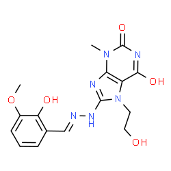 ChemSpider 2D Image | 7-(2-Hydroxyethyl)-8-[(2E)-2-(2-hydroxy-3-methoxybenzylidene)hydrazino]-3-methyl-3,7-dihydro-1H-purine-2,6-dione | C16H18N6O5