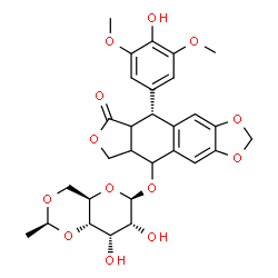 ChemSpider 2D Image | (9R)-9-(4-Hydroxy-3,5-dimethoxyphenyl)-8-oxo-5,5a,6,8,8a,9-hexahydrofuro[3',4':6,7]naphtho[2,3-d][1,3]dioxol-5-yl 4,6-O-[(1S)-ethylidene]-beta-D-allopyranoside | C29H32O13