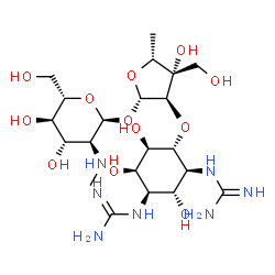 ChemSpider 2D Image | 5-Deoxy-2-O-[(1R,2S,3R,4R,5R,6R)-2,4-dicarbamimidamido-3,5,6-trihydroxycyclohexyl]-3-C-(hydroxymethyl)-beta-D-xylofuranosyl 2-deoxy-2-(methylamino)-alpha-L-glucopyranoside | C21H41N7O12