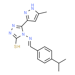 ChemSpider 2D Image | 4-[(E)-(4-Isopropylbenzylidene)amino]-5-(5-methyl-1H-pyrazol-3-yl)-2,4-dihydro-3H-1,2,4-triazole-3-thione | C16H18N6S