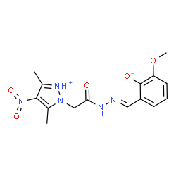 ChemSpider 2D Image | 2-[(E)-{[(3,5-Dimethyl-4-nitro-1H-pyrazol-2-ium-1-yl)acetyl]hydrazono}methyl]-6-methoxyphenolate | C15H17N5O5