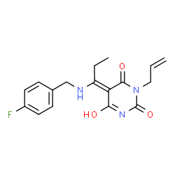 ChemSpider 2D Image | (5E)-1-Allyl-5-{1-[(4-fluorobenzyl)amino]propylidene}-2,4,6(1H,3H,5H)-pyrimidinetrione | C17H18FN3O3