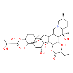 ChemSpider 2D Image | (4alpha,5xi,7alpha,8xi,10xi,12xi,13xi,15alpha,17xi,22xi)-4,7,14,16,20-Pentahydroxy-15-[(2-methylbutanoyl)oxy]-4,9-epoxycevan-3-yl 2,3-dihydroxy-2-methylbutanoate | C37H59NO12