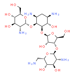 ChemSpider 2D Image | (1S,2R,3S,4R,6S)-4,6-Diamino-2-{[3-O-(2,6-diamino-2,6-dideoxy-alpha-L-idopyranosyl)-beta-L-ribofuranosyl]oxy}-3-hydroxycyclohexyl 2-amino-2-deoxy-alpha-D-glucopyranoside | C23H45N5O14