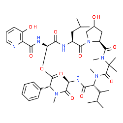 ChemSpider 2D Image | 3-Hydroxy-N-[(6R,9R,12R,15R,18S,23aS)-22-hydroxy-18-isobutyl-2,3,3,5,9,11-hexamethyl-6-(3-methyl-2-butanyl)-1,4,7,10,13,16,19-heptaoxo-12-phenylicosahydro-1H,15H-pyrrolo[1,2-g][1,4,7,10,13,16,19]oxahe
xaazacyclohenicosin-15-yl]-2-pyridinecarboxamide | C44H62N8O11