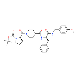 ChemSpider 2D Image | 2-Methyl-2-propanyl (2R)-2-{[4-({(2R)-1-[(4-methoxybenzyl)amino]-1-oxo-3-phenyl-2-propanyl}carbamoyl)-1-piperidinyl]carbonyl}-1-pyrrolidinecarboxylate | C33H44N4O6