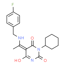 ChemSpider 2D Image | (5Z)-1-Cyclohexyl-5-{1-[(4-fluorobenzyl)amino]ethylidene}-2,4,6(1H,3H,5H)-pyrimidinetrione | C19H22FN3O3