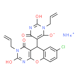 ChemSpider 2D Image | Ammonium 3-allyl-5-(3-allyl-7-chloro-2,4-dioxo-1,3,4,5-tetrahydro-2H-chromeno[2,3-d]pyrimidin-5-yl)-2,6-dioxo-1,2,3,6-tetrahydro-4-pyrimidinolate | C21H20ClN5O6