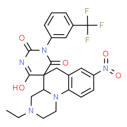 ChemSpider 2D Image | 3-Ethyl-8-nitro-1'-[3-(trifluoromethyl)phenyl]-2,3,4,4a-tetrahydro-1H,2'H,6H-spiro[pyrazino[1,2-a]quinoline-5,5'-pyrimidine]-2',4',6'(1'H,3'H)-trione | C24H22F3N5O5