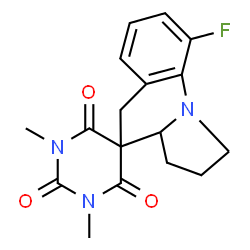 ChemSpider 2D Image | 9'-Fluoro-1,3-dimethyl-1',2',3',3a'-tetrahydro-2H,5'H-spiro[pyrimidine-5,4'-pyrrolo[1,2-a]quinoline]-2,4,6(1H,3H)-trione | C17H18FN3O3