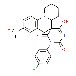 ChemSpider 2D Image | 1'-(4-Chlorophenyl)-8-nitro-2,3,4,4a-tetrahydro-1H,2'H,6H-spiro[pyrido[1,2-a]quinoline-5,5'-pyrimidine]-2',4',6'(1'H,3'H)-trione | C22H19ClN4O5