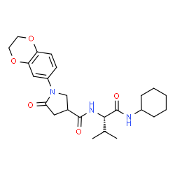 ChemSpider 2D Image | N-Cyclohexyl-N~2~-{[1-(2,3-dihydro-1,4-benzodioxin-6-yl)-5-oxo-3-pyrrolidinyl]carbonyl}-L-valinamide | C24H33N3O5