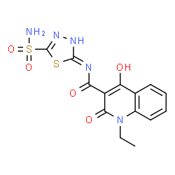 ChemSpider 2D Image | 1-Ethyl-4-hydroxy-2-oxo-N-(5-sulfamoyl-1,3,4-thiadiazol-2-yl)-1,2-dihydro-3-quinolinecarboxamide | C14H13N5O5S2
