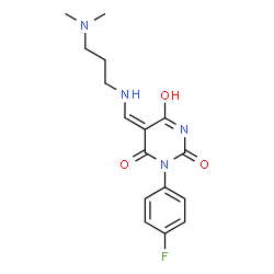 ChemSpider 2D Image | (5E)-5-({[3-(Dimethylamino)propyl]amino}methylene)-1-(4-fluorophenyl)-2,4,6(1H,3H,5H)-pyrimidinetrione | C16H19FN4O3