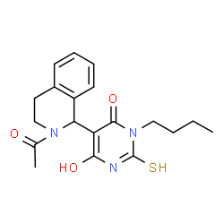 ChemSpider 2D Image | 5-(2-Acetyl-1,2,3,4-tetrahydro-1-isoquinolinyl)-3-butyl-6-hydroxy-2-thioxo-2,3-dihydro-4(1H)-pyrimidinone | C19H23N3O3S