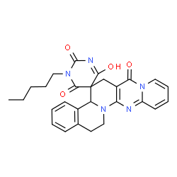 ChemSpider 2D Image | 1'-Pentyl-15,16-dihydro-2'H,4bH,6H,7H-spiro[pyrido[1'',2'':1',2']pyrimido[5',4':5,6]pyrido[2,1-a]isoquinoline-5,5'-pyrimidine]-2',4',6',7(1'H,3'H)-tetrone | C27H27N5O4