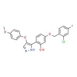 ChemSpider 2D Image | 5-[(2-Chloro-4-fluorobenzyl)oxy]-2-[4-(4-methoxyphenoxy)-1H-pyrazol-3-yl]phenol | C23H18ClFN2O4