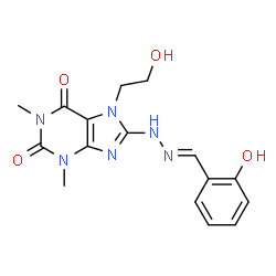 ChemSpider 2D Image | 8-[(2E)-2-(2-Hydroxybenzylidene)hydrazino]-7-(2-hydroxyethyl)-1,3-dimethyl-3,7-dihydro-1H-purine-2,6-dione | C16H18N6O4