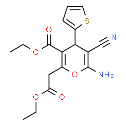ChemSpider 2D Image | Ethyl 6-amino-5-cyano-2-(2-ethoxy-2-oxoethyl)-4-(2-thienyl)-4H-pyran-3-carboxylate | C17H18N2O5S
