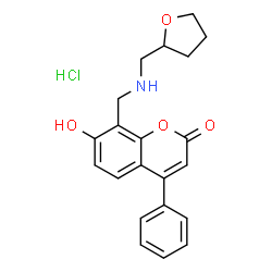ChemSpider 2D Image | 7-Hydroxy-4-phenyl-8-{[(tetrahydro-2-furanylmethyl)amino]methyl}-2H-chromen-2-one hydrochloride (1:1) | C21H22ClNO4