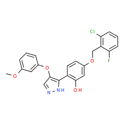 ChemSpider 2D Image | 5-[(2-Chloro-6-fluorobenzyl)oxy]-2-[4-(3-methoxyphenoxy)-1H-pyrazol-3-yl]phenol | C23H18ClFN2O4