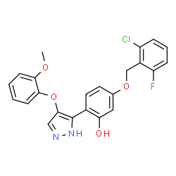 ChemSpider 2D Image | 5-[(2-Chloro-6-fluorobenzyl)oxy]-2-[4-(2-methoxyphenoxy)-1H-pyrazol-3-yl]phenol | C23H18ClFN2O4