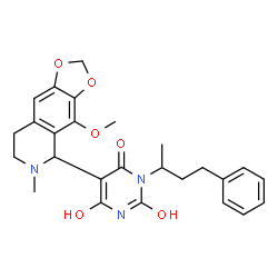 ChemSpider 2D Image | 6-Hydroxy-5-(4-methoxy-6-methyl-5,6,7,8-tetrahydro[1,3]dioxolo[4,5-g]isoquinolin-5-yl)-3-(4-phenyl-2-butanyl)-2,4(1H,3H)-pyrimidinedione | C26H29N3O6