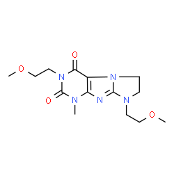 ChemSpider 2D Image | 3,8-Bis(2-methoxyethyl)-1-methyl-7,8-dihydro-1H-imidazo[2,1-f]purine-2,4(3H,6H)-dione | C14H21N5O4