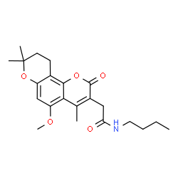ChemSpider 2D Image | N-Butyl-2-(5-methoxy-4,8,8-trimethyl-2-oxo-9,10-dihydro-2H,8H-pyrano[2,3-f]chromen-3-yl)acetamide | C22H29NO5