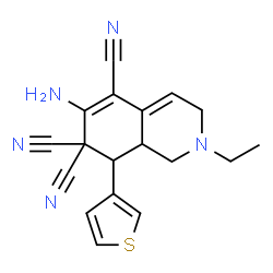 ChemSpider 2D Image | 6-Amino-2-ethyl-8-(3-thienyl)-2,3,8,8a-tetrahydro-5,7,7(1H)-isoquinolinetricarbonitrile | C18H17N5S