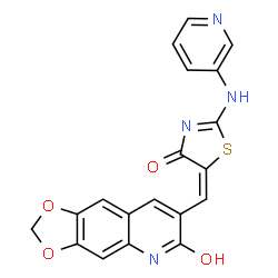 ChemSpider 2D Image | 4(5H)-thiazolone, 5-[(6-hydroxy-1,3-dioxolo[4,5-g]quinolin-7-yl)methylene]-2-(3-pyridinylamino)-, (5E)- | C19H12N4O4S