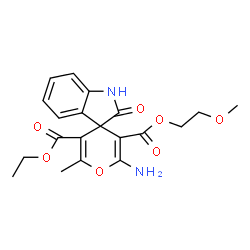 ChemSpider 2D Image | 5'-Ethyl 3'-(2-methoxyethyl) 2'-amino-6'-methyl-2-oxo-1,2-dihydrospiro[indole-3,4'-pyran]-3',5'-dicarboxylate | C20H22N2O7