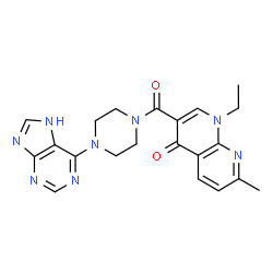 ChemSpider 2D Image | 1-Ethyl-7-methyl-3-{[4-(1H-purin-6-yl)-1-piperazinyl]carbonyl}-1,8-naphthyridin-4(1H)-one | C21H22N8O2