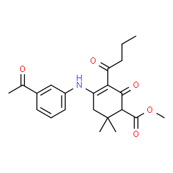 ChemSpider 2D Image | Methyl 4-[(3-acetylphenyl)amino]-3-butyryl-6,6-dimethyl-2-oxo-3-cyclohexene-1-carboxylate | C22H27NO5