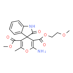 ChemSpider 2D Image | 3'-(2-Methoxyethyl) 5'-methyl 2'-amino-6'-methyl-2-oxo-1,2-dihydrospiro[indole-3,4'-pyran]-3',5'-dicarboxylate | C19H20N2O7