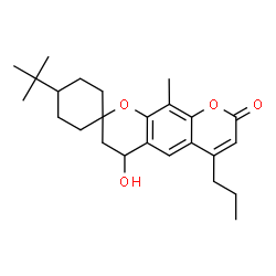 ChemSpider 2D Image | 4'-Hydroxy-10'-methyl-4-(2-methyl-2-propanyl)-6'-propyl-3',4'-dihydro-8'H-spiro[cyclohexane-1,2'-pyrano[3,2-g]chromen]-8'-one | C25H34O4