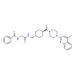 ChemSpider 2D Image | N-(2-{[(trans-4-{[4-(4-Methyl-2-quinolinyl)-1-piperazinyl]carbonyl}cyclohexyl)methyl]amino}-2-oxoethyl)benzamide | C31H37N5O3