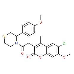 ChemSpider 2D Image | 6-Chloro-7-methoxy-3-{2-[3-(4-methoxyphenyl)-4-thiomorpholinyl]-2-oxoethyl}-4-methyl-2H-chromen-2-one | C24H24ClNO5S
