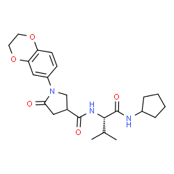 ChemSpider 2D Image | N-Cyclopentyl-N~2~-{[1-(2,3-dihydro-1,4-benzodioxin-6-yl)-5-oxo-3-pyrrolidinyl]carbonyl}-L-valinamide | C23H31N3O5