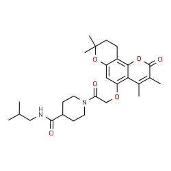 ChemSpider 2D Image | N-Isobutyl-1-{[(3,4,8,8-tetramethyl-2-oxo-9,10-dihydro-2H,8H-pyrano[2,3-f]chromen-5-yl)oxy]acetyl}-4-piperidinecarboxamide | C28H38N2O6
