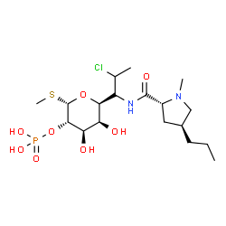 ChemSpider 2D Image | Methyl (5S)-5-[(1R)-2-chloro-1-{[(4S)-1-methyl-4-propyl-D-prolyl]amino}propyl]-2-O-phosphono-1-thio-beta-D-arabinopyranoside | C18H34ClN2O8PS