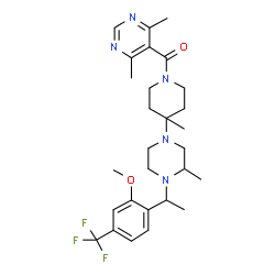 ChemSpider 2D Image | 1-((4,6-dimethyl-5-pyrimidinyl)carbonyl)-4-(4-(2-methoxy-4-(trifluoromethyl)phenyl)ethyl-3-methyl-1-piperazinyl)-4-methylpiperidine | C28H38F3N5O2