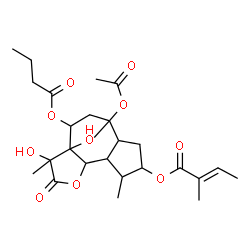 ChemSpider 2D Image | 6-Acetoxy-4-(butyryloxy)-3,3a-dihydroxy-3,6,9-trimethyl-2-oxododecahydroazuleno[4,5-b]furan-8-yl (2E)-2-methyl-2-butenoate | C26H38O10