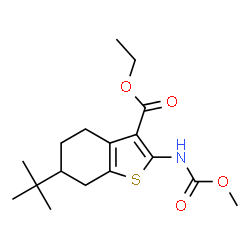 ChemSpider 2D Image | Ethyl 2-[(methoxycarbonyl)amino]-6-(2-methyl-2-propanyl)-4,5,6,7-tetrahydro-1-benzothiophene-3-carboxylate | C17H25NO4S