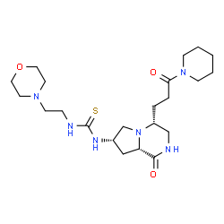 ChemSpider 2D Image | 1-[2-(4-Morpholinyl)ethyl]-3-{(4R,7S,8aS)-1-oxo-4-[3-oxo-3-(1-piperidinyl)propyl]octahydropyrrolo[1,2-a]pyrazin-7-yl}thiourea | C22H38N6O3S