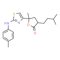 ChemSpider 2D Image | 5-Methyl-3-(3-methylbutyl)-5-{2-[(4-methylphenyl)amino]-1,3-thiazol-4-yl}dihydro-2(3H)-furanone | C20H26N2O2S