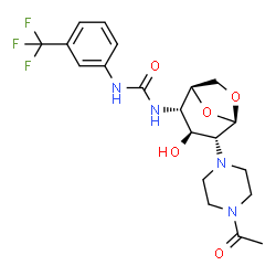 ChemSpider 2D Image | 1-[(1S,2S,3S,4R,5R)-4-(4-Acetyl-1-piperazinyl)-3-hydroxy-6,8-dioxabicyclo[3.2.1]oct-2-yl]-3-[3-(trifluoromethyl)phenyl]urea | C20H25F3N4O5