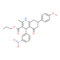 ChemSpider 2D Image | Propyl 7-(4-methoxyphenyl)-2-methyl-4-(3-nitrophenyl)-5-oxo-1,4,5,6,7,8-hexahydro-3-quinolinecarboxylate | C27H28N2O6