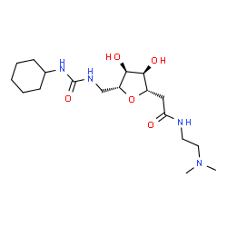 ChemSpider 2D Image | 2-[(2S,3R,4S,5R)-5-{[(Cyclohexylcarbamoyl)amino]methyl}-3,4-dihydroxytetrahydro-2-furanyl]-N-[2-(dimethylamino)ethyl]acetamide | C18H34N4O5
