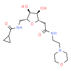 ChemSpider 2D Image | N-{[(2R,3S,4R,5S)-3,4-Dihydroxy-5-(2-{[2-(4-morpholinyl)ethyl]amino}-2-oxoethyl)tetrahydro-2-furanyl]methyl}cyclopropanecarboxamide | C17H29N3O6